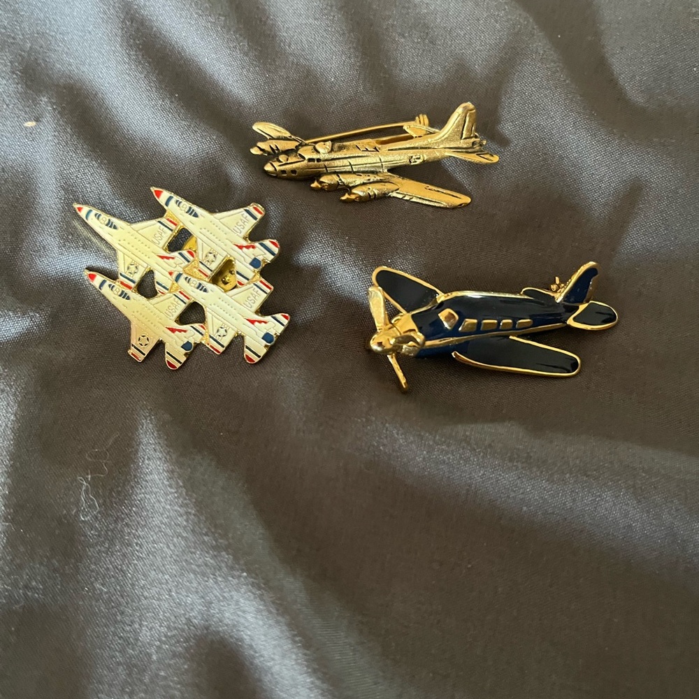 Gold and Blue Airplane Brooch Set